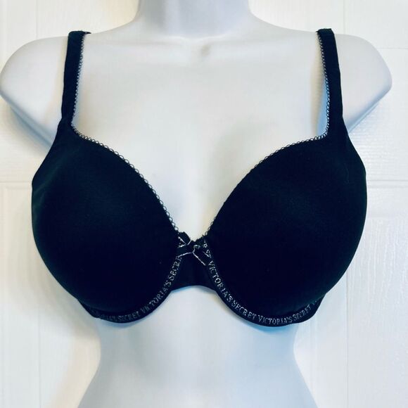 Victoria's Secret Lined Perfect Coverage Bra 34D  Black Logo‎ Trim - Picture 1 of 12